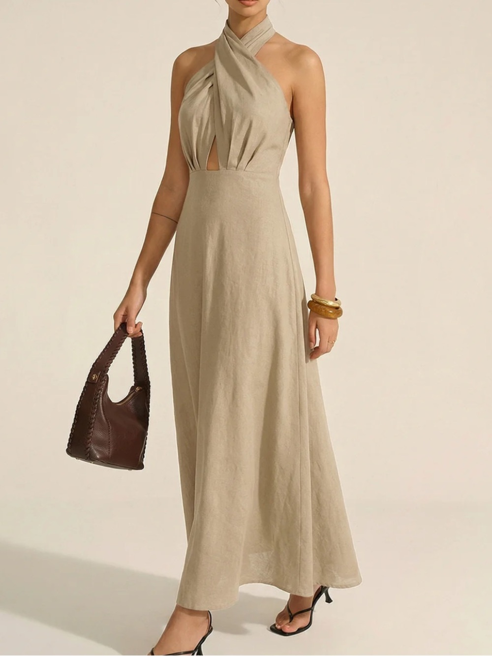 Commense Cotton-Linen Halter Maxi Dress in Beige/ Khaki Size M